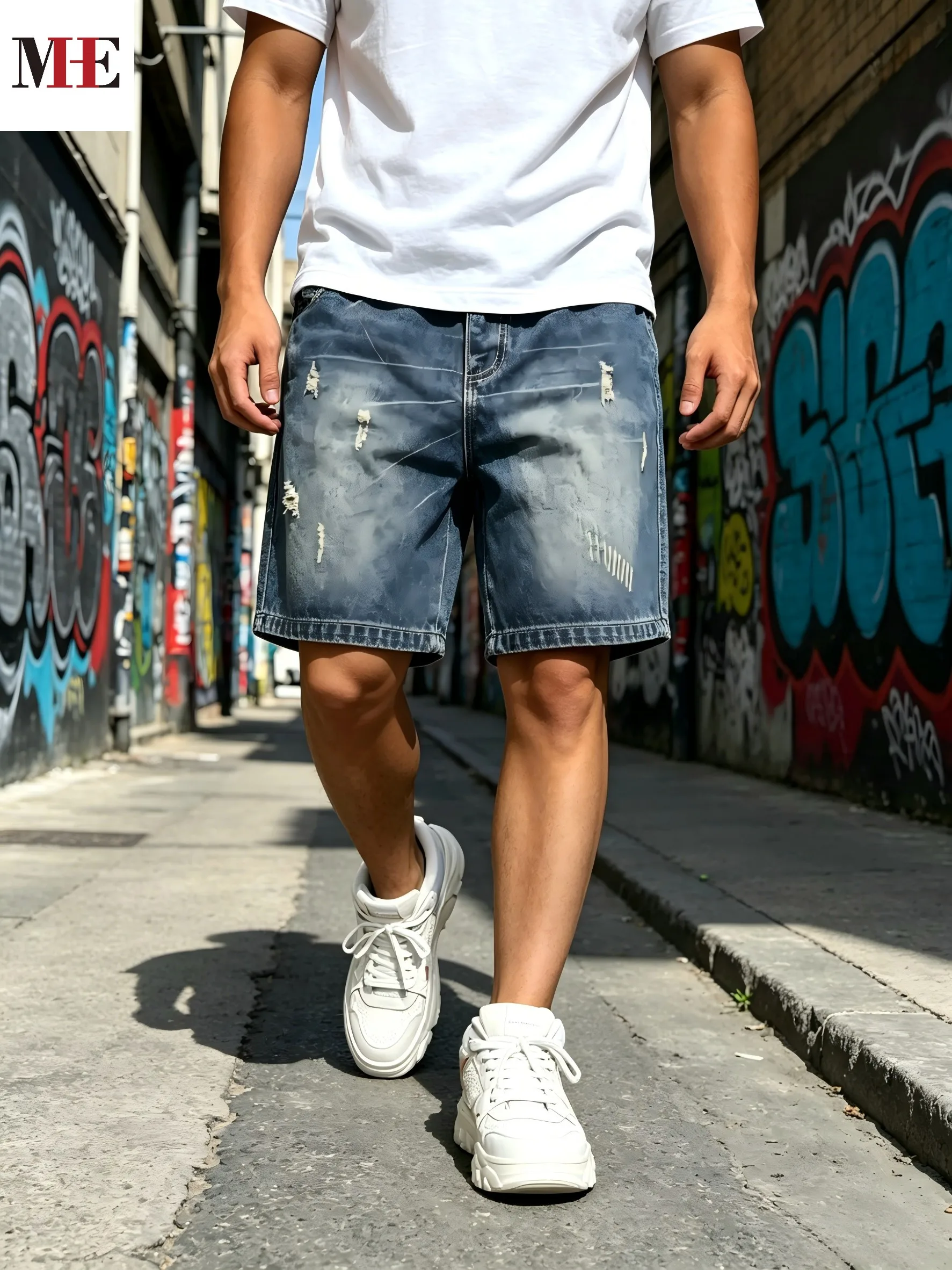 HME Minimal Vintage Denim Pants, Men's Loose Knee Shorts with Light Distressed Marks & Elastic Rear Waist Construction
HME Minimal Vintage Denim Pants, Men's Loose Knee Shorts with Light Distressed Marks & Elastic Rear Waist Construction