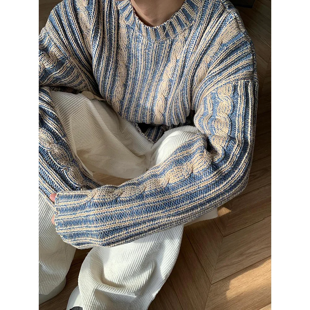 Chic Retro Blue Beige Striped Cable Knit Sweater, Men's Crew Neck Loose Fit Jumper, Casual Fall Winter Outfit
Chic Retro Blue Beige Striped Cable Knit Sweater, Men's Crew Neck Loose Fit Jumper, Casual Fall Winter Outfit
