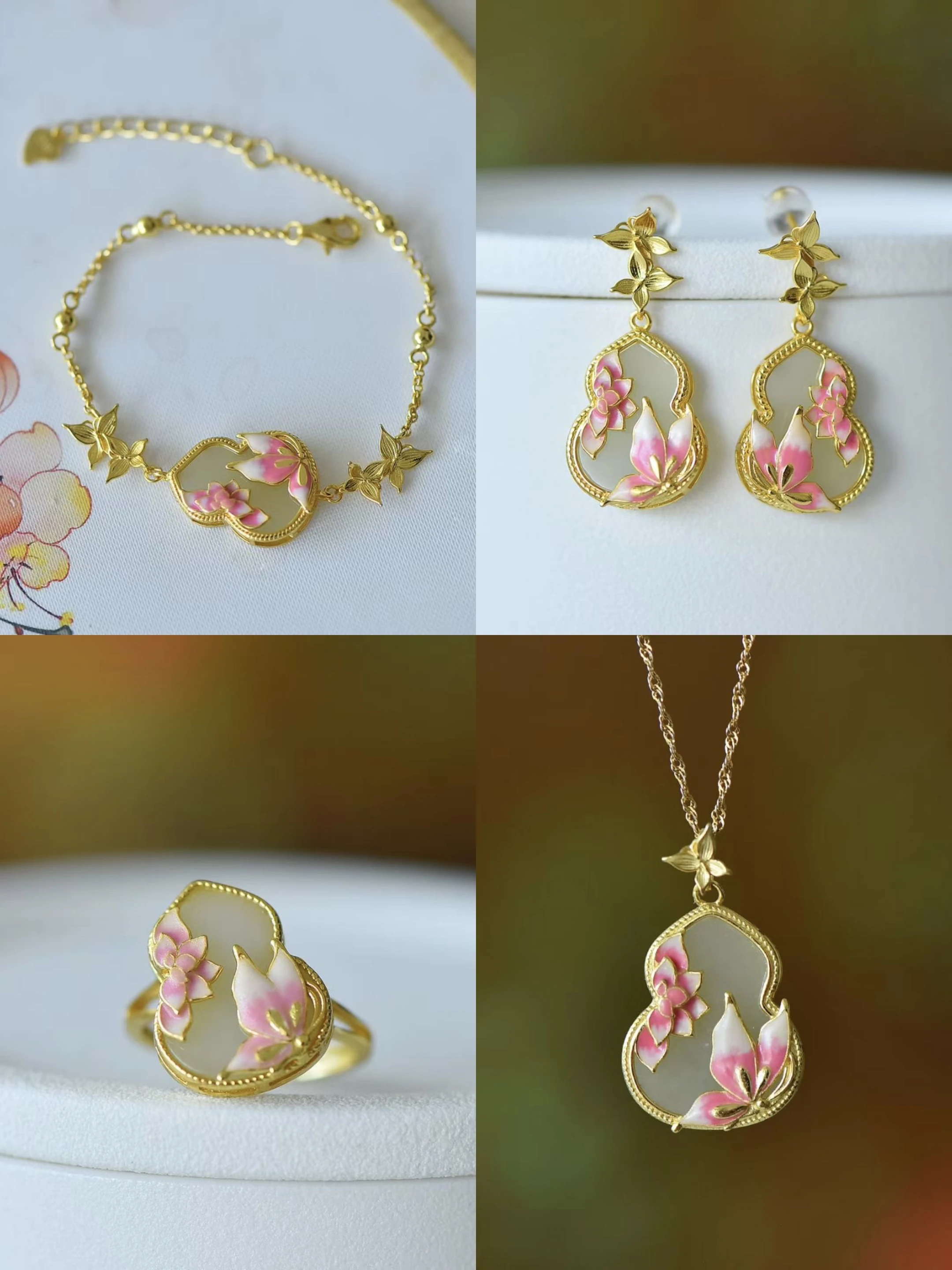 Certificated 925 Silver Natural Jade Jewelry Set Gourd Enamel "Butterflies In Love Wite Flowers" Pink Earring/Necklace/Bracelet
Certificated 925 Silver Natural Jade Jewelry Set Gourd Enamel "Butterflies In Love Wite Flowers" Pink Earring/Necklace/Bracelet
