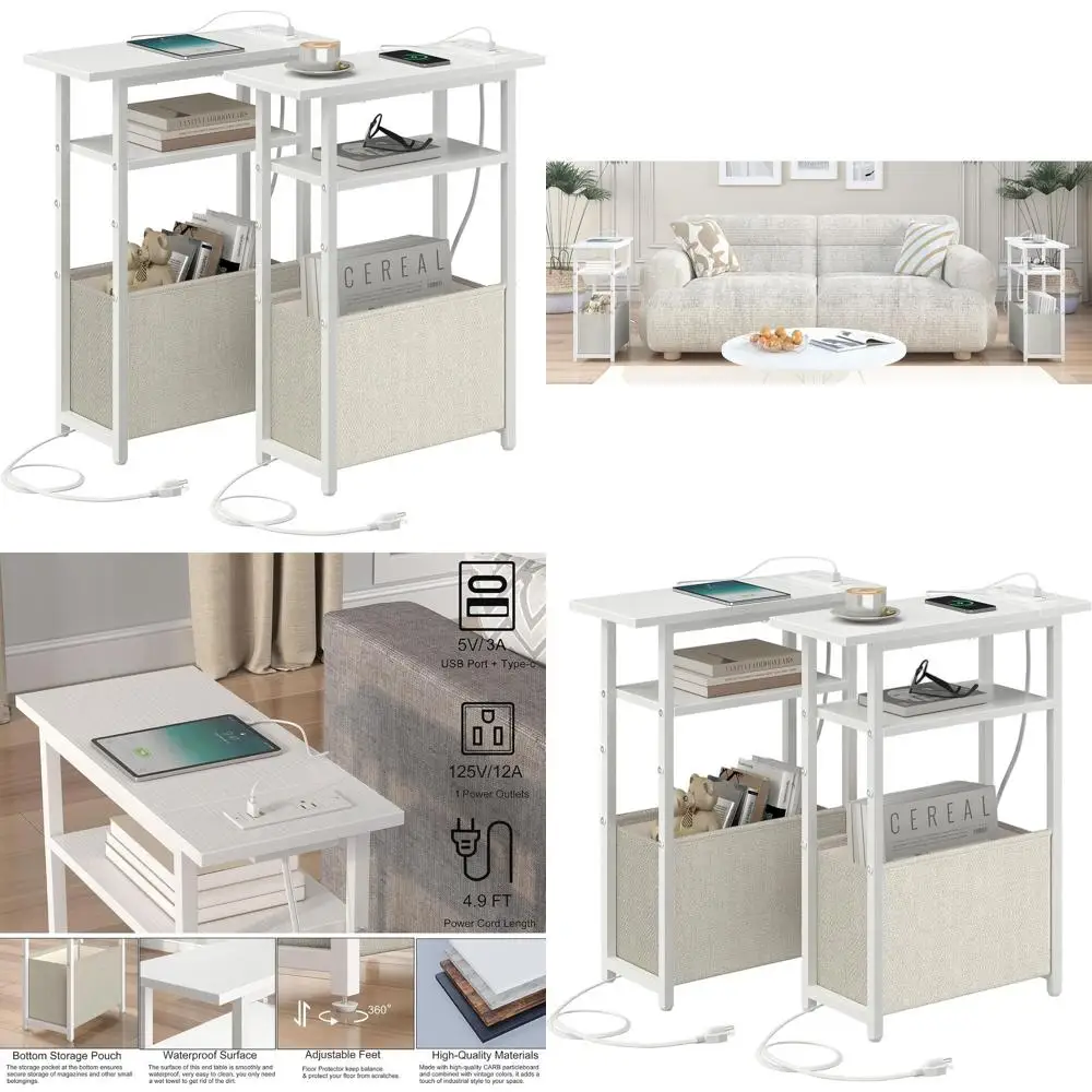 Набор из 2 компактных приставных столиков с зарядной станцией, корзиной для хранения и 3-уровневой конструкцией для гостиной и спальни, белый цвет
Набор из 2 компактных приставных столиков с зарядной станцией, корзиной для хранения и 3-уровневой конструкцией для гостиной и спальни, белый цвет