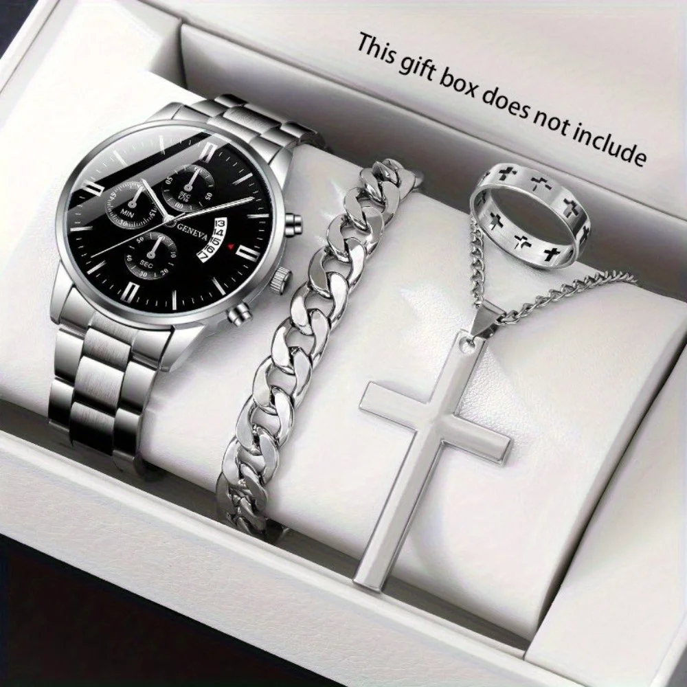 4 шт./компл. модные мужские кварцевые часы, аналоговые повседневные мужские наручные часы, ожерелье, браслет и кольцо с крестом, идеальный выбор для подарков для мужчин
4 шт./компл. модные мужские кварцевые часы, аналоговые повседневные мужские наручные часы, ожерелье, браслет и кольцо с крестом, идеальный выбор для подарков для мужчин