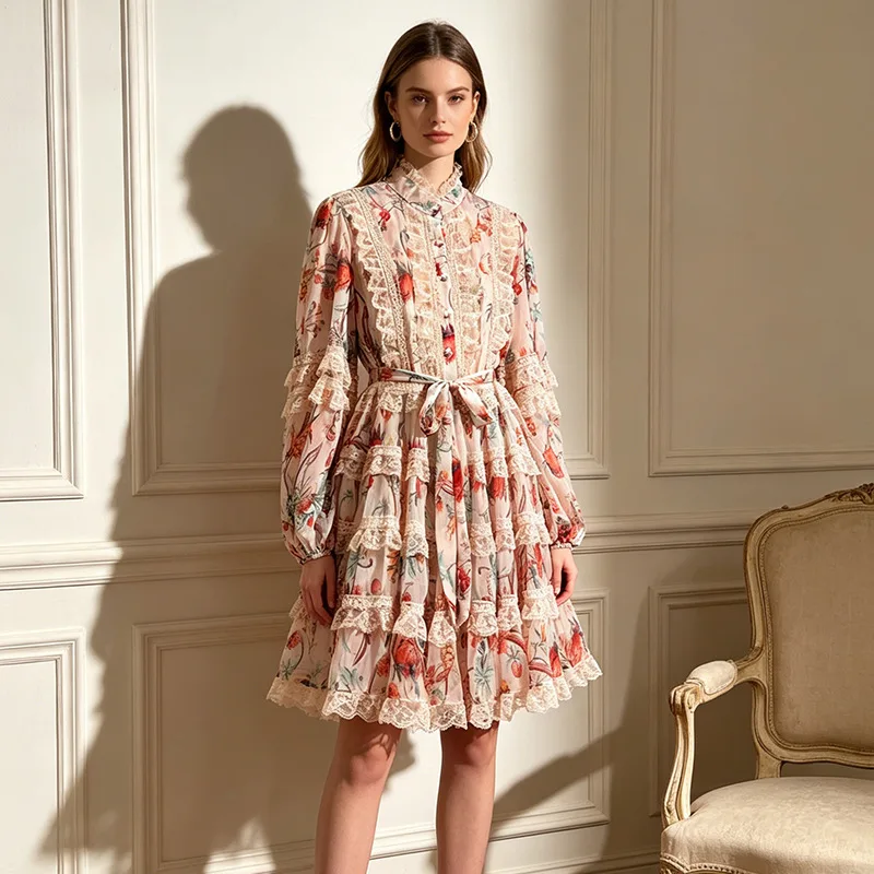 High Quality Short Style Cascading Dresses Spring Women Lantern Sleeve Stand Collar Dress High Waist Lace Up Knee Length Dress
High Quality Short Style Cascading Dresses Spring Women Lantern Sleeve Stand Collar Dress High Waist Lace Up Knee Length Dress