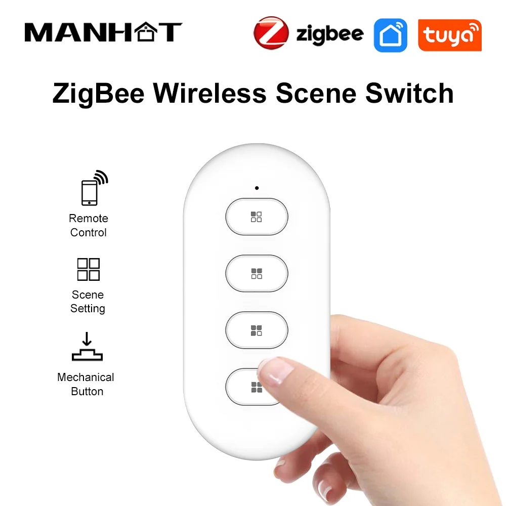 Manhot ZigBee Wireless Smart Home Scene Switch Light 4 Gang 12 Scene Push Button Light Switch Remote Control Smart Life/Tuya App