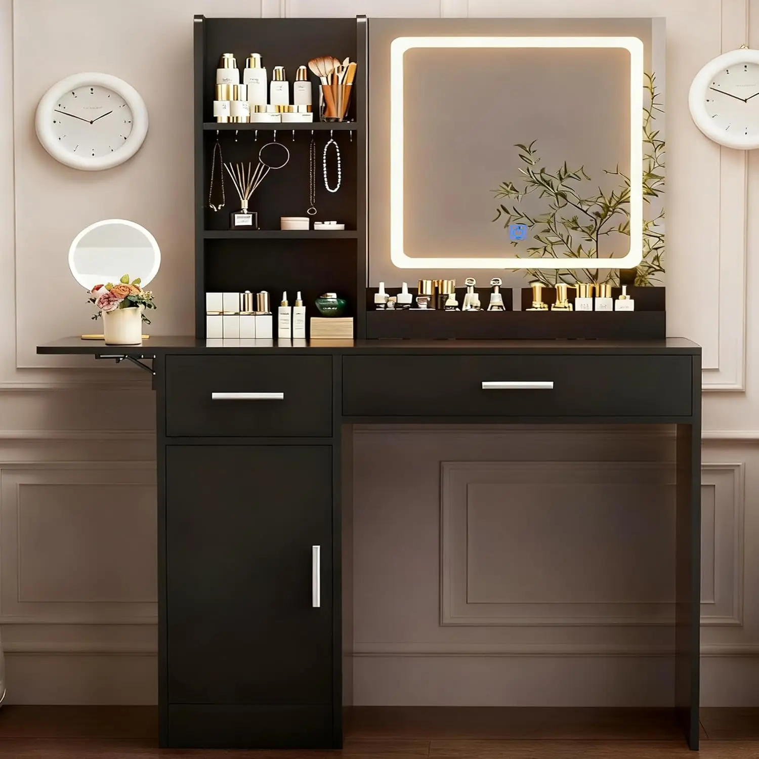 Vanity Desk with Mirror and Lights, 39.37" 4 Drawers Makeup Desk Without Stool, Extra Foldable Desk with 3 Open, Customized
Vanity Desk with Mirror and Lights, 39.37" 4 Drawers Makeup Desk Without Stool, Extra Foldable Desk with 3 Open, Customized