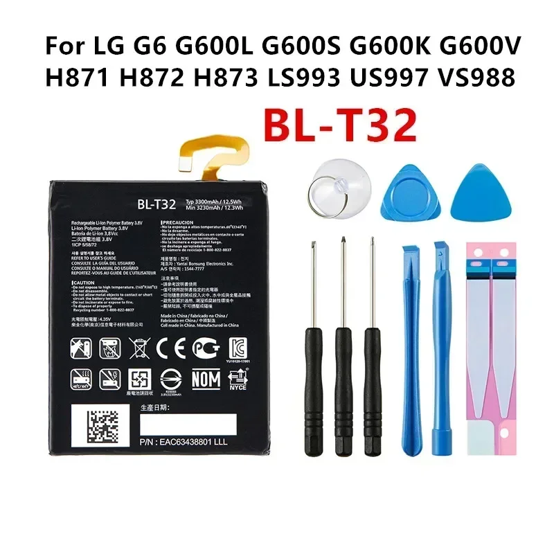 Original BL-T32 3300mAh Battery For LG G6 G600L G600S G600K G600V H871 H872 H873 LS993 US997 VS988 T32 BLT32 Batteries +Tools
Original BL-T32 3300mAh Battery For LG G6 G600L G600S G600K G600V H871 H872 H873 LS993 US997 VS988 T32 BLT32 Batteries +Tools