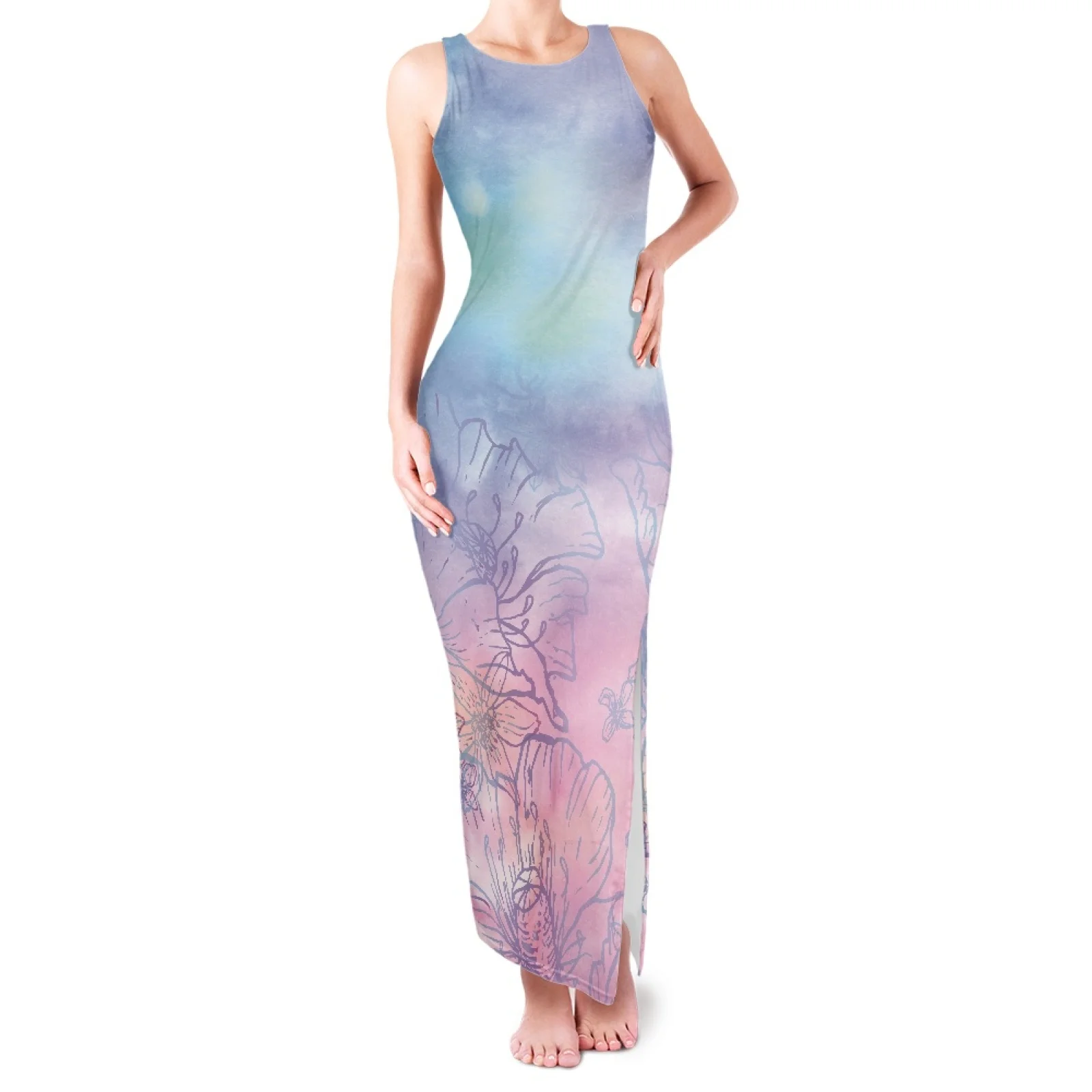 Tie-Dye Dolphin Star Flowers Print Elegant Evening Party Outfits, Round Neck Double Slit Bodycon Maxi Dress, Summer Sundress
Tie-Dye Dolphin Star Flowers Print Elegant Evening Party Outfits, Round Neck Double Slit Bodycon Maxi Dress, Summer Sundress
