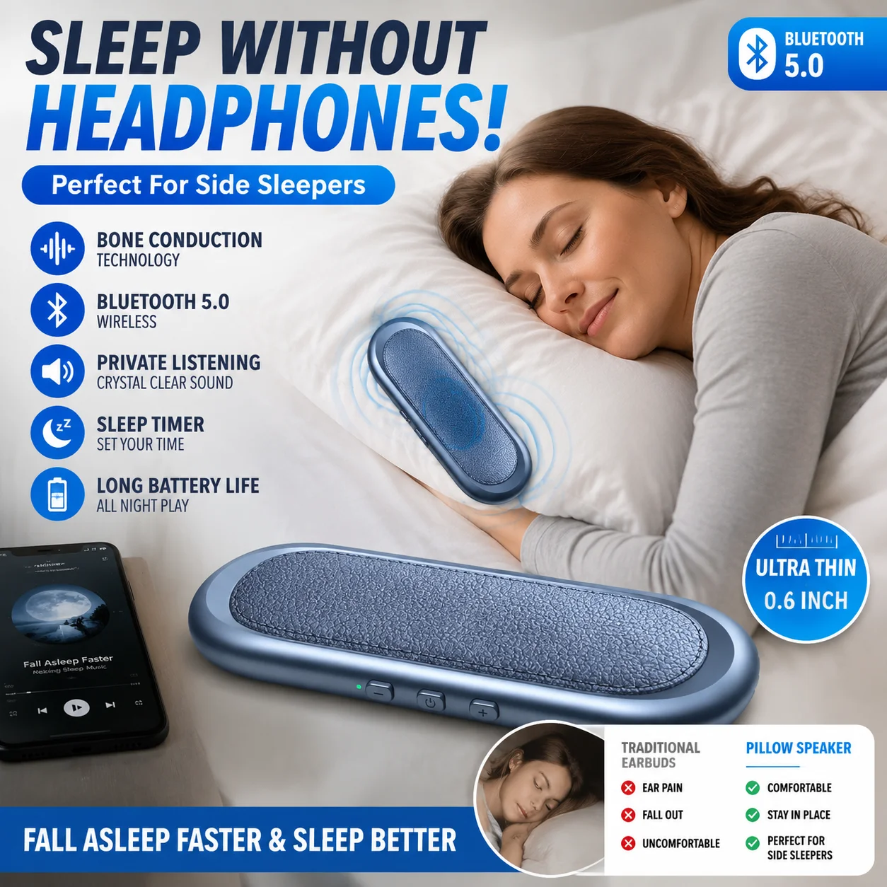 Bone Conduction Bluetooth Pillow Speaker for Sleeping – Mini Wireless Pillow Audio Speaker for Side Sleepers, Private Music, Sleep Timer, Deep Sleep Relaxation, Headphones-Free Sleep Sound, Portable Bed Speaker for Adults
Bone Conduction Bluetooth Pillow Speaker for Sleeping – Mini Wireless Pillow Audio Speaker for Side Sleepers, Private Music, Sleep Timer, Deep Sleep Relaxation, Headphones-Free Sleep Sound, Portable Bed Speaker for Adults