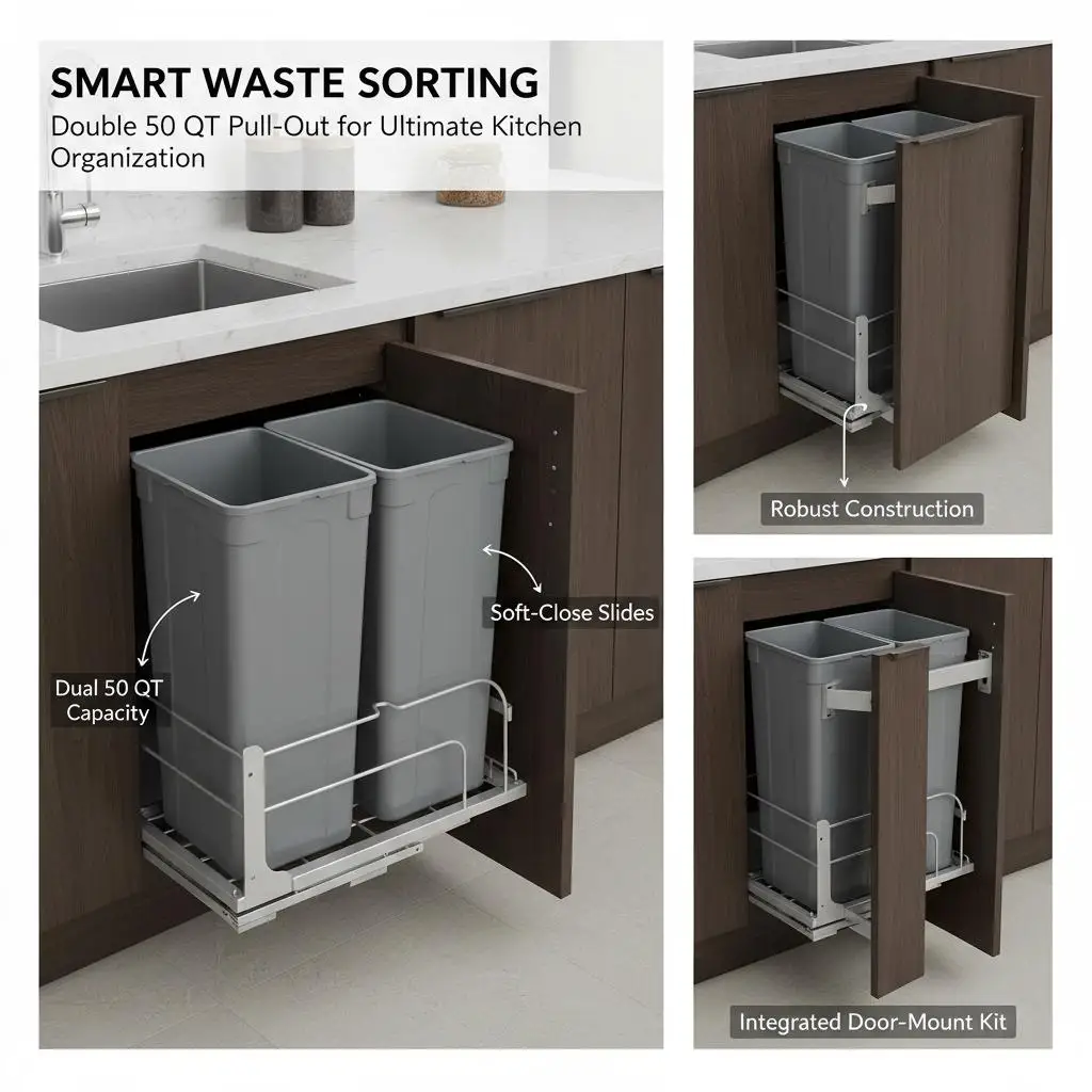 Double Retractable Refuse Bin 50 QT x2 For Kitchen Cabinet Sink Under Counter Heavy Duty Garbage Recycling Container Door
Double Retractable Refuse Bin 50 QT x2 For Kitchen Cabinet Sink Under Counter Heavy Duty Garbage Recycling Container Door