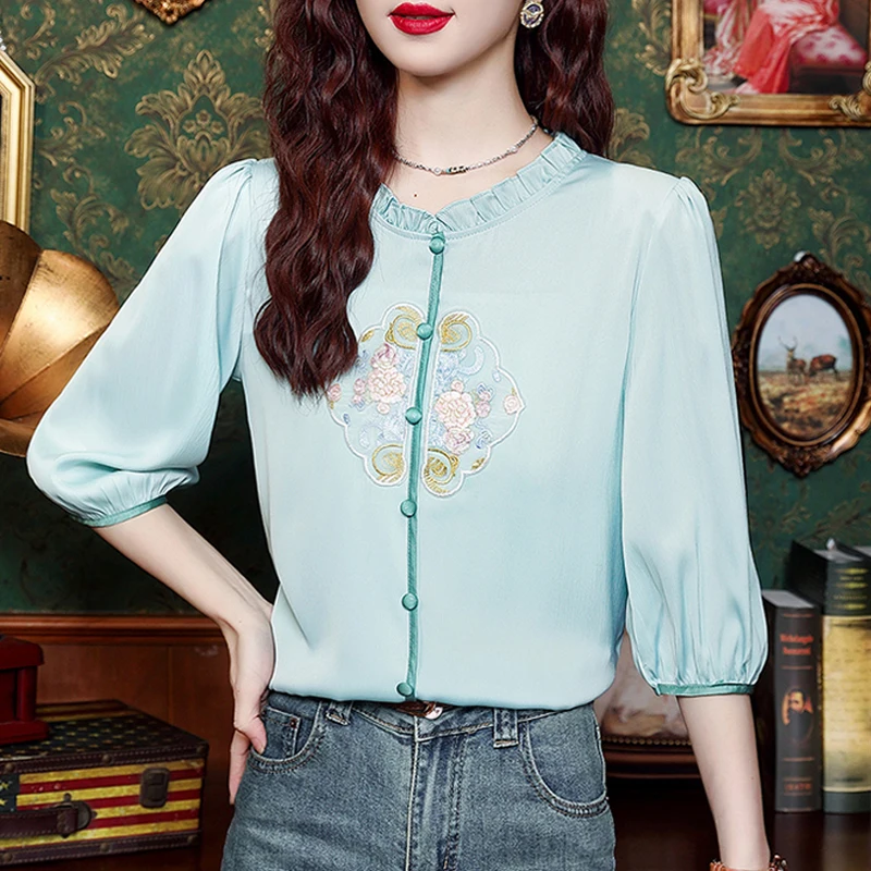 New Chinese Style Embroidered Tops 2025 Spring Summer Blouse Fashion Ruffled Collar Half sleeve Casual Shirt
New Chinese Style Embroidered Tops 2025 Spring Summer Blouse Fashion Ruffled Collar Half sleeve Casual Shirt