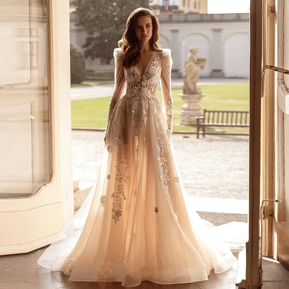 Deep V-neck Customized Bridal Gowns Classic Appliques A-Line Vestido De Novia Elegant Handmade Flowers Side Slit Wedding Dress
Deep V-neck Customized Bridal Gowns Classic Appliques A-Line Vestido De Novia Elegant Handmade Flowers Side Slit Wedding Dress