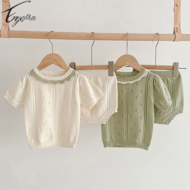 2023 Hollow Out Girls Solid Color Suit Girls Short Sleeves T-shirt+Shorts 2pcs Summer Newborn Girls Knitted Set Clothes
2023 Hollow Out Girls Solid Color Suit Girls Short Sleeves T-shirt+Shorts 2pcs Summer Newborn Girls Knitted Set Clothes