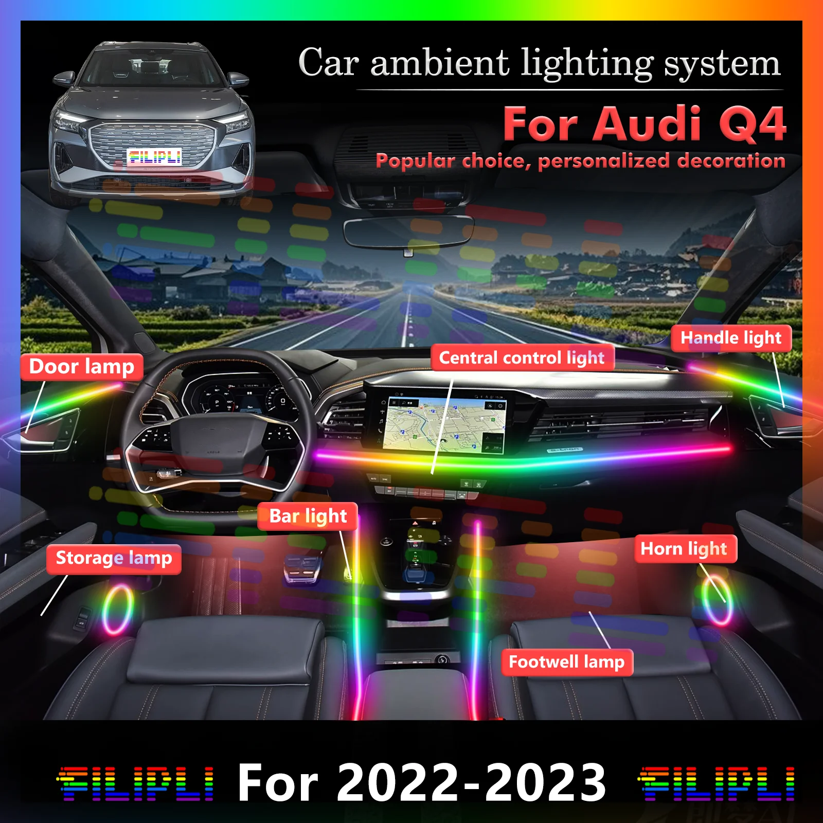 For Audi Q4 Car Interior Decorative Atmosphere Light RGB 64-Color LED Rainbow Acrylic Strip Smart Remote Control Energy Saving
For Audi Q4 Car Interior Decorative Atmosphere Light RGB 64-Color LED Rainbow Acrylic Strip Smart Remote Control Energy Saving