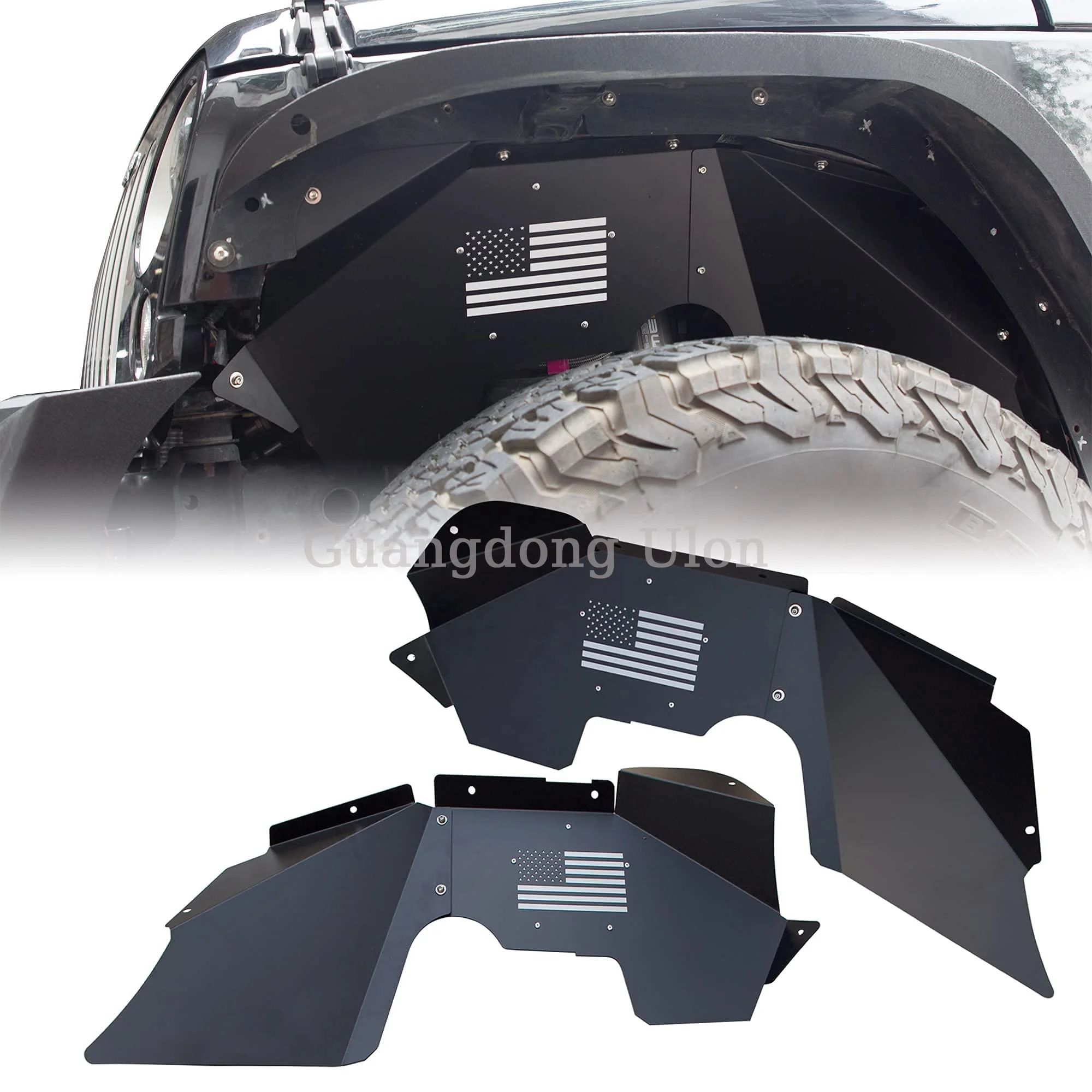 Steel Front Inner Fender Liners with US Flag Compatible with Wrangler JK & JKU 2007-2018, Textured Black Powder Coating
Steel Front Inner Fender Liners with US Flag Compatible with Wrangler JK & JKU 2007-2018, Textured Black Powder Coating