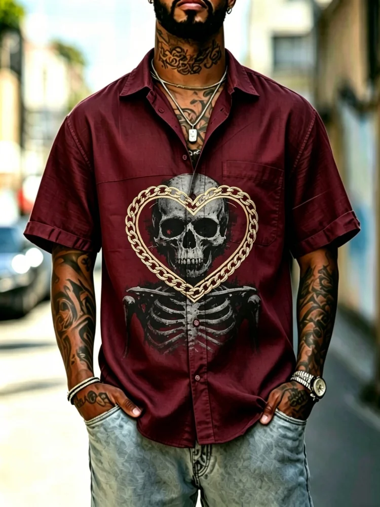 Men's Gothic Skeleton & Heart Chain Print Short Sleeve Shirt With Chest Pocket, Loose Comfort Casual Button-Down Streetwear Top
Men's Gothic Skeleton & Heart Chain Print Short Sleeve Shirt With Chest Pocket, Loose Comfort Casual Button-Down Streetwear Top