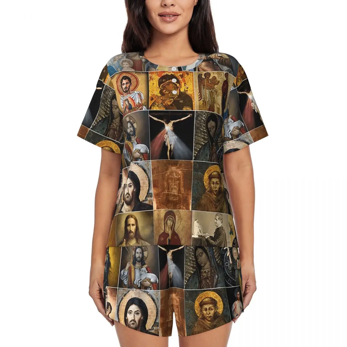 Saints Jesus Mary I Trust In You Round Neck Short Sleeves Nightdress for Sleeping Sleepshirts Women Soft Pajama Set Short Pants
Saints Jesus Mary I Trust In You Round Neck Short Sleeves Nightdress for Sleeping Sleepshirts Women Soft Pajama Set Short Pants