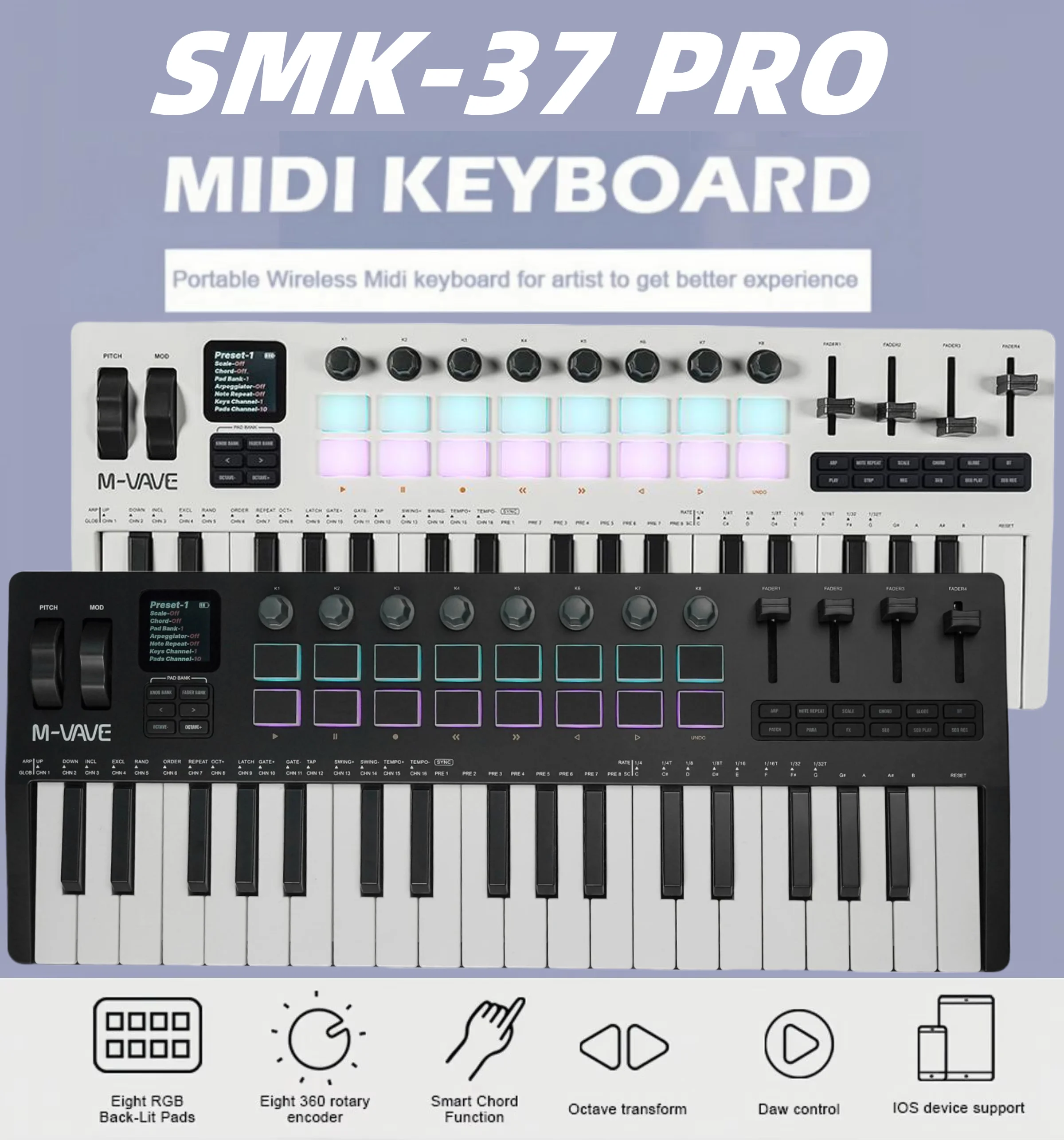 M-VAVE SMK-37 Keyboard MIDI Controller w/ Built-in Synth Engine | 37 Keys, 16 RGB Pads, Wireless, 8Knobs+4Faders | Live/Studio
M-VAVE SMK-37 Keyboard MIDI Controller w/ Built-in Synth Engine | 37 Keys, 16 RGB Pads, Wireless, 8Knobs+4Faders | Live/Studio