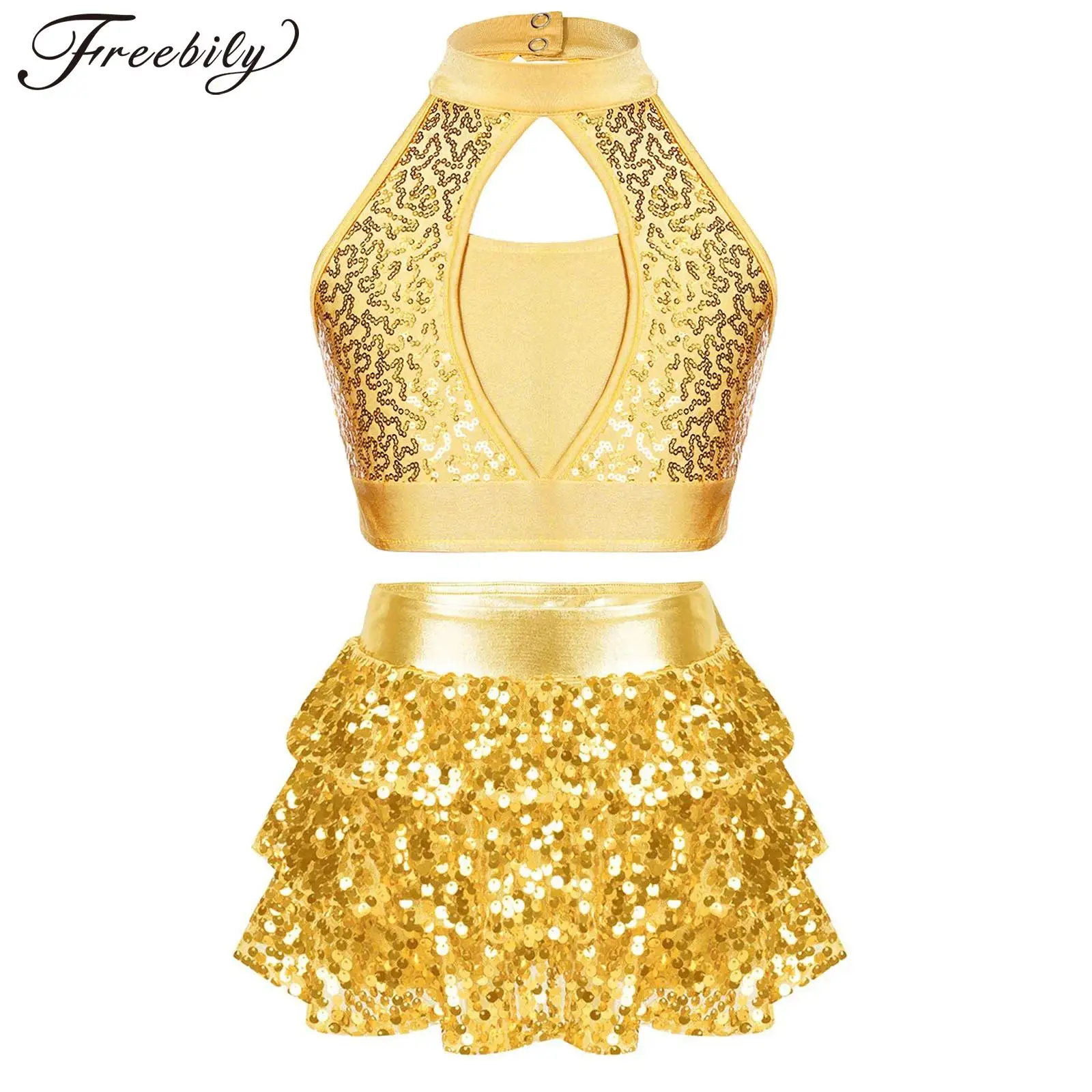 Kids Girls Shiny Sequins Latin Dance Outfit Set Metallic Crop Top with Tiered Ruffle Skirt Jazz Latin Ballroom Stage Performance
Kids Girls Shiny Sequins Latin Dance Outfit Set Metallic Crop Top with Tiered Ruffle Skirt Jazz Latin Ballroom Stage Performance