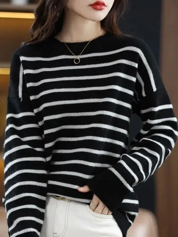 Свободный женский круглый трикотаж в полоску, повседневный модный универсальный базовый слой, осень-зима, новый удобный трикотаж... 
Свободный женский круглый трикотаж в полоску, повседневный модный универсальный базовый слой, осень-зима, новый удобный трикотаж...