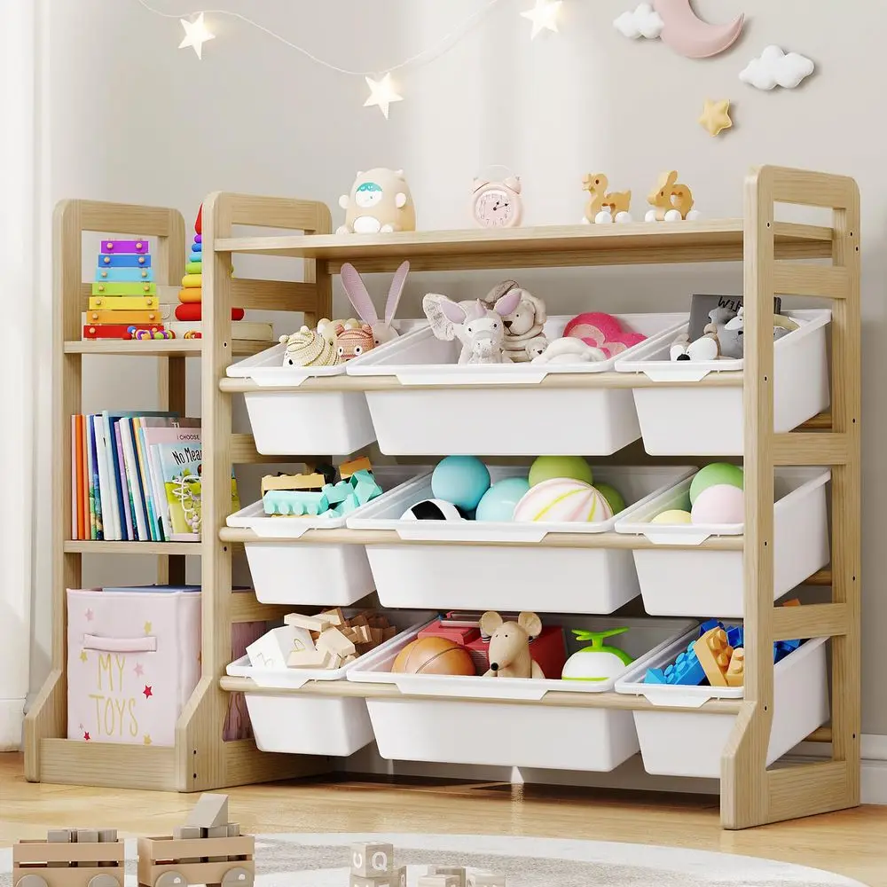 Storage Organizer with Bookshelf, Kids Toys Shelf Box with 3 Shelves and 9 Bins, Extended Base Wooden Bookcase for Playroom Org
Storage Organizer with Bookshelf, Kids Toys Shelf Box with 3 Shelves and 9 Bins, Extended Base Wooden Bookcase for Playroom Org