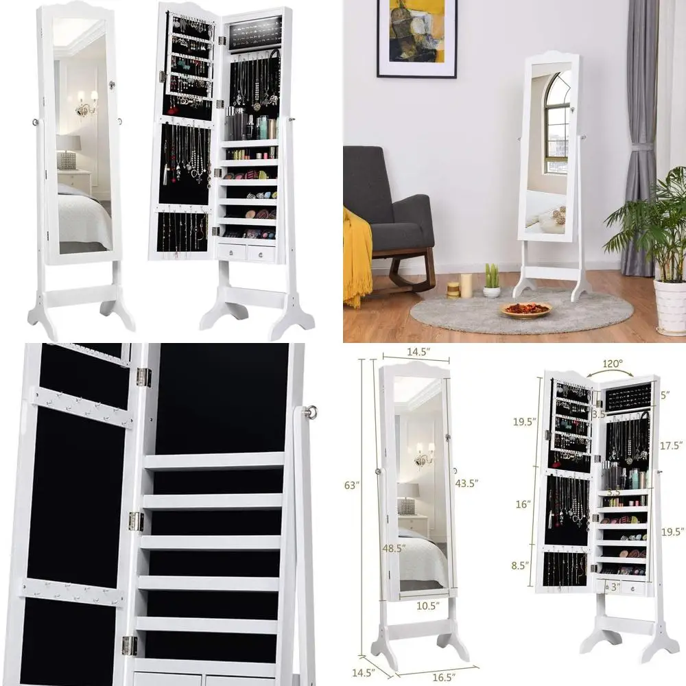 Floor Standing Jewelry Armoire with Mirror, LED Lights, 2 Drawers, Adjustable Tiers, Lockable White Cabinet
Floor Standing Jewelry Armoire with Mirror, LED Lights, 2 Drawers, Adjustable Tiers, Lockable White Cabinet