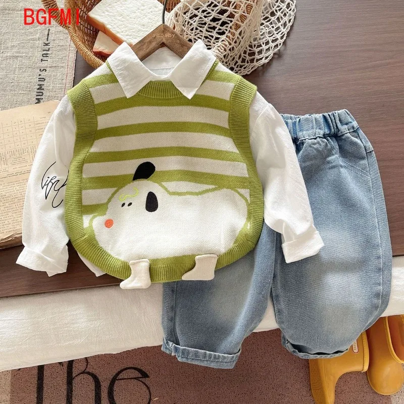 Cartoon Striped Knitted Vest+long Sleeved White Shirt+ jeans 3 piece Set Boys Spring Autumn Clothes for Kid Cute Baby Outfit Set
Cartoon Striped Knitted Vest+long Sleeved White Shirt+ jeans 3 piece Set Boys Spring Autumn Clothes for Kid Cute Baby Outfit Set
