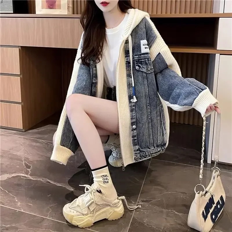 Women Cowboy Coats Jackets Loose and Lazy Denim Patchwork Sweater Cardigan for Edition Hooded Knitted Jacket Women's Clothing
Women Cowboy Coats Jackets Loose and Lazy Denim Patchwork Sweater Cardigan for Edition Hooded Knitted Jacket Women's Clothing