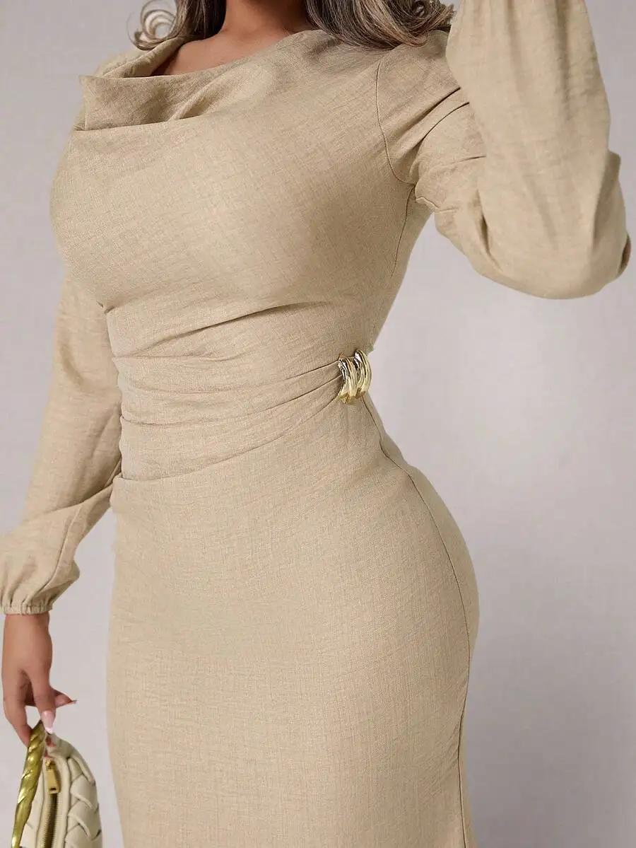 Women's Beige Draped Neck Long Sleeve Dress with Metal Buckle Waist Detail
Women's Beige Draped Neck Long Sleeve Dress with Metal Buckle Waist Detail