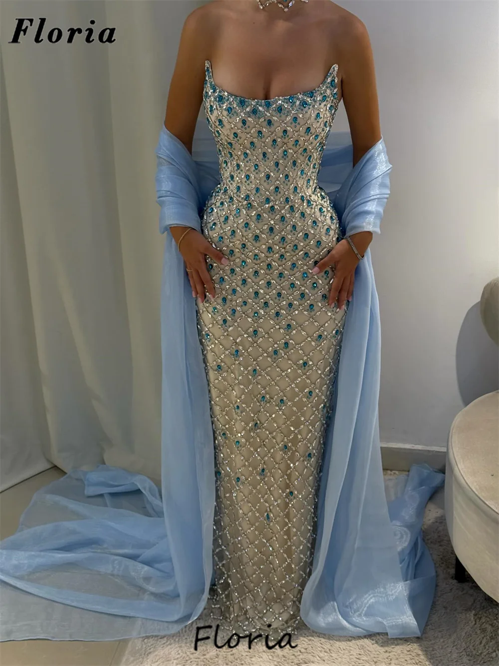 Heavy Blue Beaded Evening Dresses Strapless Crystals Wedding Guest Gowns Arabic Cocktail Party Gowns Robes De Soirée Customized
Heavy Blue Beaded Evening Dresses Strapless Crystals Wedding Guest Gowns Arabic Cocktail Party Gowns Robes De Soirée Customized