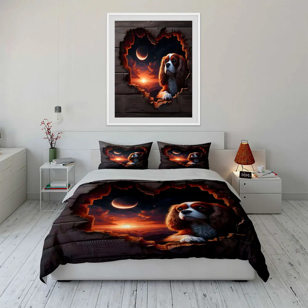 Cavalier King Charles Spaniel Bedding Set,Dog Breaking Through Wooden Wall with Sunset Moon Print Duvet Cover,3D Illusion Style
Cavalier King Charles Spaniel Bedding Set,Dog Breaking Through Wooden Wall with Sunset Moon Print Duvet Cover,3D Illusion Style