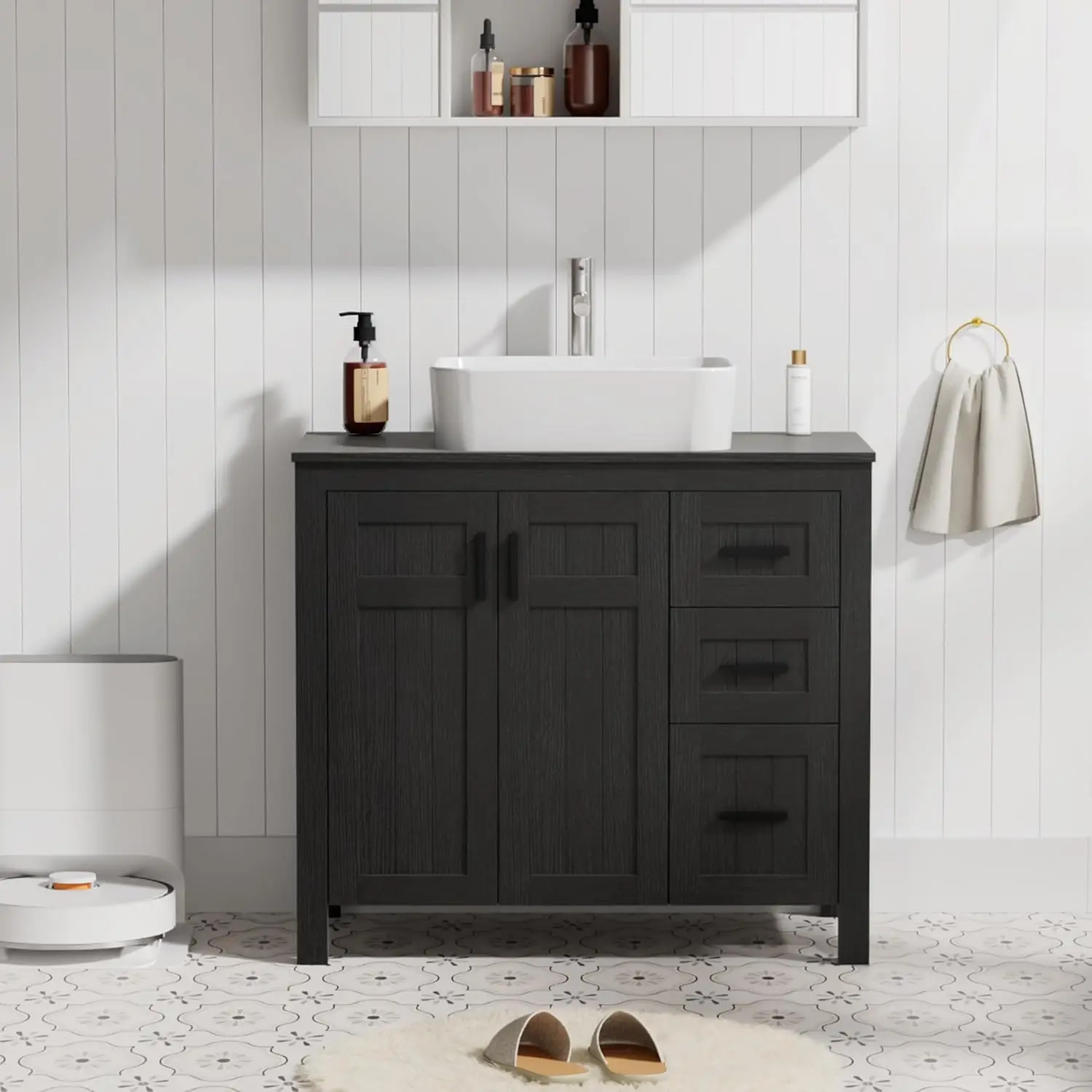 36" Bathroom Vanity Combo Soft Close Doors Drawers Vessel Sink Faucet Drain White Black, Custom
36" Bathroom Vanity Combo Soft Close Doors Drawers Vessel Sink Faucet Drain White Black, Custom