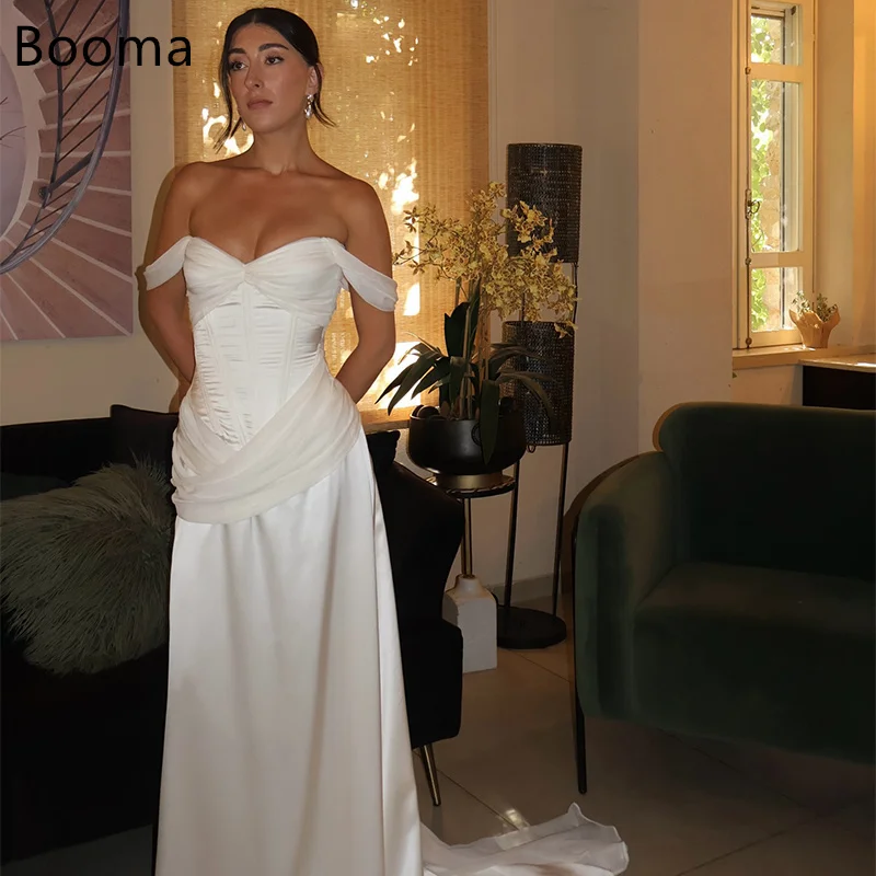 Booma Mermaid Off The Shoulder Pleat Simple Wedding Dresses Sleeveless Satin Brides Gown Custom Made 2025 
Booma Mermaid Off The Shoulder Pleat Simple Wedding Dresses Sleeveless Satin Brides Gown Custom Made 2025