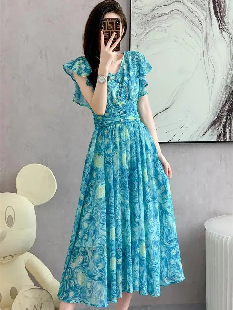 Women Sexy V Neck Butterfly Sleeve Vacation Dresses Korean Chic Print Summer Elegant Sleeveless Chiffon Beach Party Vestidos
Women Sexy V Neck Butterfly Sleeve Vacation Dresses Korean Chic Print Summer Elegant Sleeveless Chiffon Beach Party Vestidos
