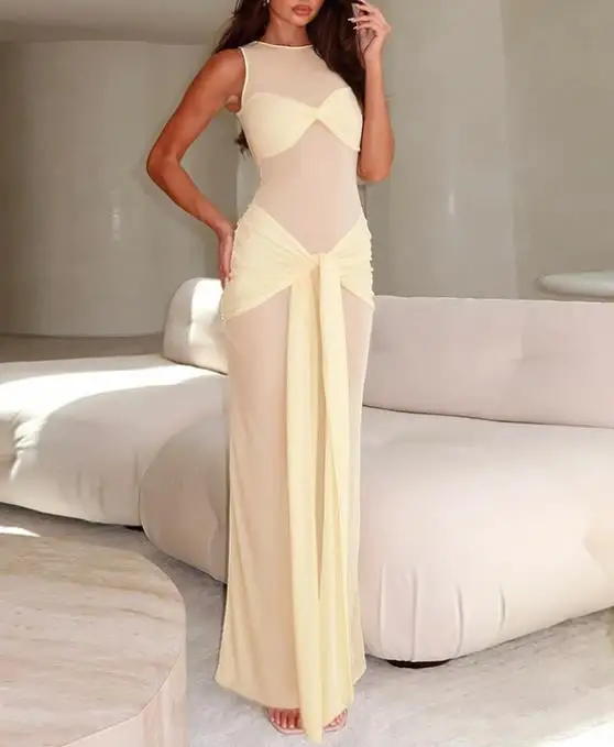 Women Dress 2026 Summer New Round Neck Sleeveless Mesh Perspective Elegant Fishtail Ribbon Slimming Hip Hugging Long Dress
Women Dress 2026 Summer New Round Neck Sleeveless Mesh Perspective Elegant Fishtail Ribbon Slimming Hip Hugging Long Dress