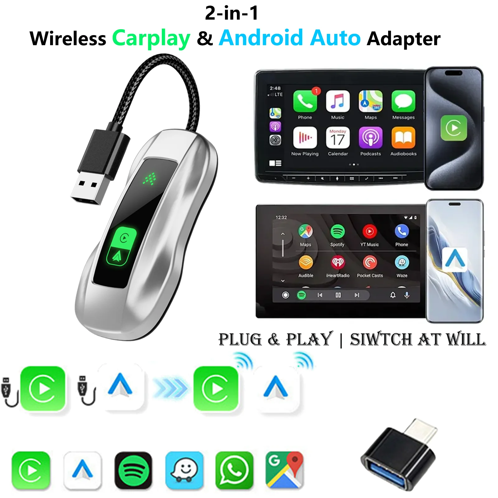Беспроводной адаптер 2-в-1 для CarPlay и Android Auto, умный AI-конвертер для автомобилей с проводным CarPlay/Android Auto
Беспроводной адаптер 2-в-1 для CarPlay и Android Auto, умный AI-конвертер для автомобилей с проводным CarPlay/Android Auto