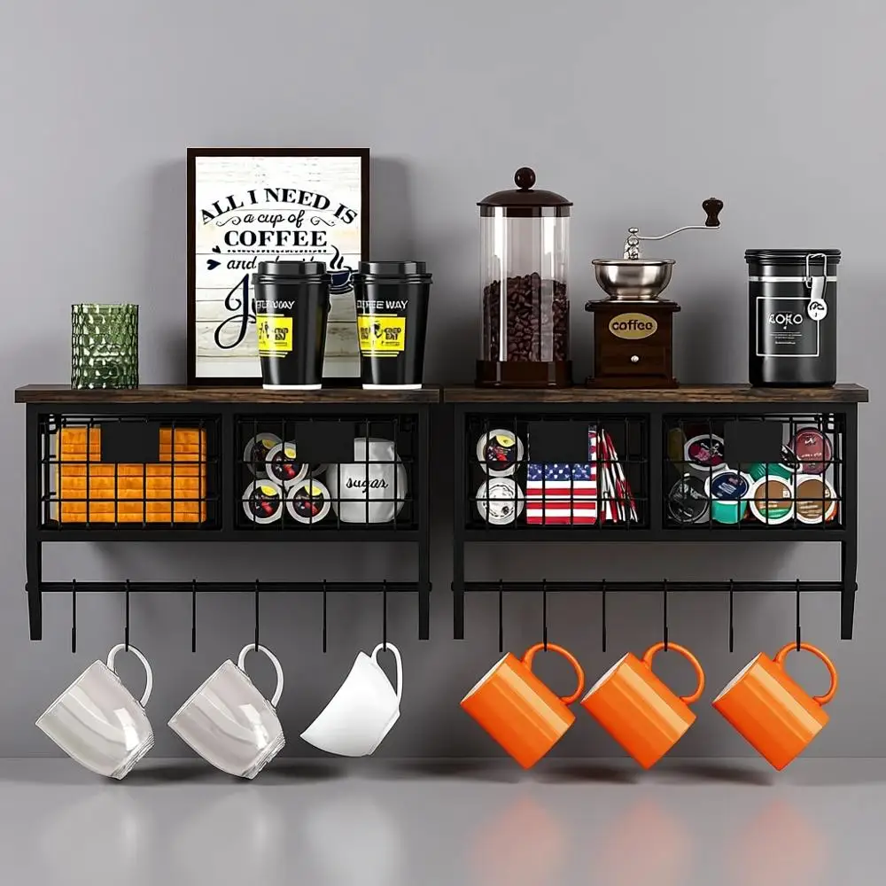 Industrial Metal Wall Shelves with Baskets and Hooks, 16, 2-Pack, Black for Home and Kitchen Organization
Industrial Metal Wall Shelves with Baskets and Hooks, 16, 2-Pack, Black for Home and Kitchen Organization