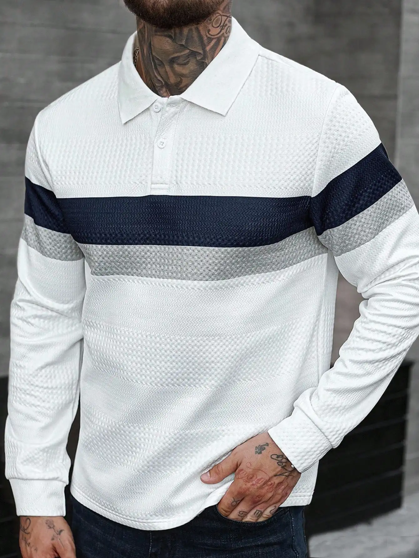 Men's Long Sleeve Textured Polo Shirt with Navy and Grey Stripes, Casual Fall Wear
Men's Long Sleeve Textured Polo Shirt with Navy and Grey Stripes, Casual Fall Wear