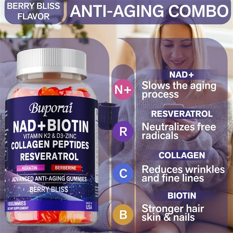 NAD+, Resveratrol, Berberine, & Biotin Anti-Aging Gummies - Detoxifies, Boosts Energy, Promotes Cell and Skin HealthSupplements
NAD+, Resveratrol, Berberine, & Biotin Anti-Aging Gummies - Detoxifies, Boosts Energy, Promotes Cell and Skin HealthSupplements