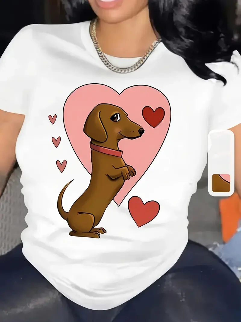 Женская милая футболка с рисунком в форме сердца таксы, футболка с круглым вырезом и короткими рукавами, которую можно стирать в машине, черная, с дизайном розовых и красных сердечек 
Женская милая футболка с рисунком в форме сердца таксы, футболка с круглым вырезом и короткими рукавами, которую можно стирать в машине, черная, с дизайном розовых и красных сердечек