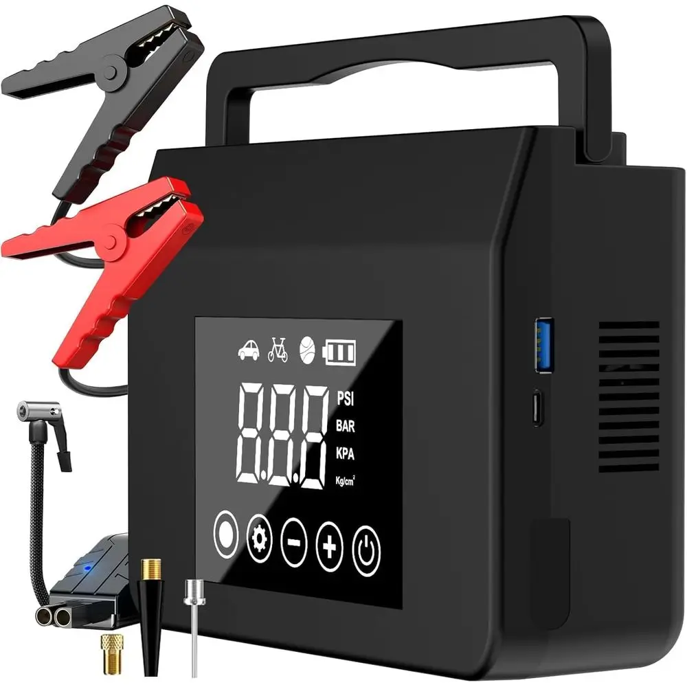 4000A Jump Starter with Air Compressor, 150PSI Tire Inflator, 12V Power Bank, 15000mAh, LED Light, Type-C Quick Charge
4000A Jump Starter with Air Compressor, 150PSI Tire Inflator, 12V Power Bank, 15000mAh, LED Light, Type-C Quick Charge