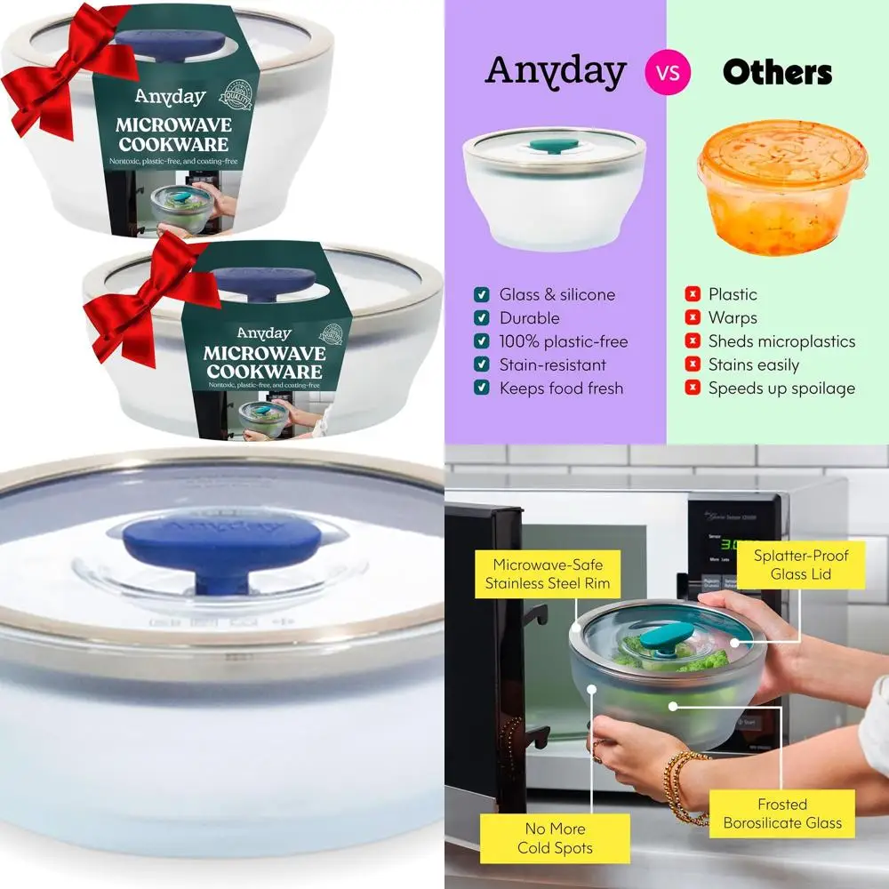 Microwave Cookware Set with Stackable Glass Containers & Vented Lids for Steaming & Reheating