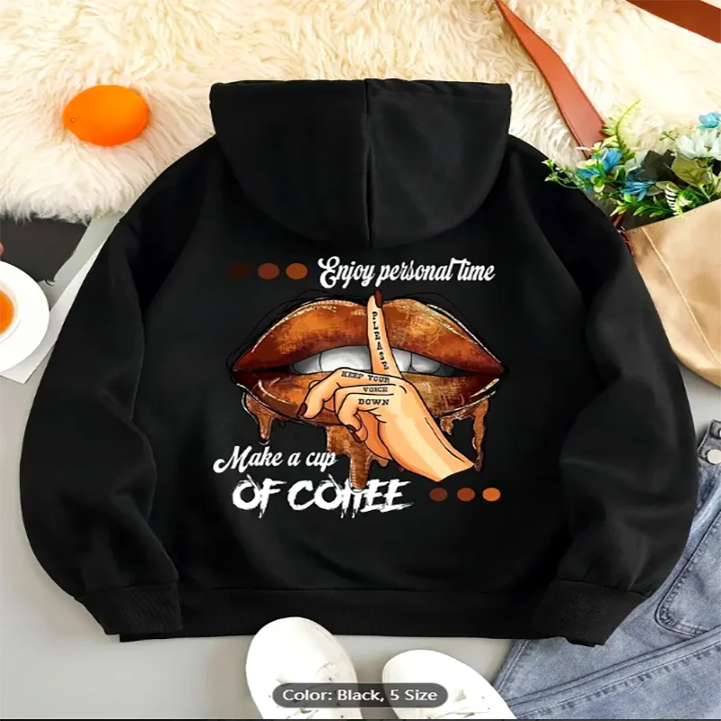 Женская повседневная толстовка с принтом губ и алфавита, длинным рукавом, круглым вырезом и карманом, спортивная толстовка на шнурке, подходит для зимы 
Женская повседневная толстовка с принтом губ и алфавита, длинным рукавом, круглым вырезом и карманом, спортивная толстовка на шнурке, подходит для зимы