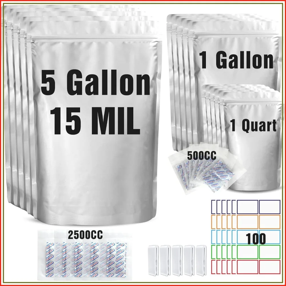 55 Pack Mylar Bags for Food Storage with Oxygen Absorbers - 5 Gallon, 1 Gallon, 1 Quart
55 Pack Mylar Bags for Food Storage with Oxygen Absorbers - 5 Gallon, 1 Gallon, 1 Quart