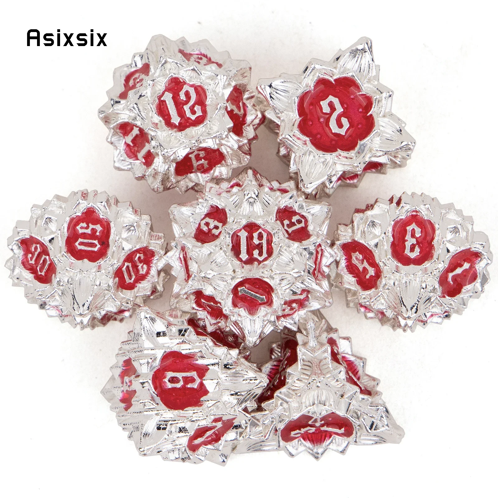 7 Pcs White Red Lotus Flower Metal Dice Solid Metal Polyhedral Dice Set Suitable for Role-Playing RPG Board Game Card Game
7 Pcs White Red Lotus Flower Metal Dice Solid Metal Polyhedral Dice Set Suitable for Role-Playing RPG Board Game Card Game