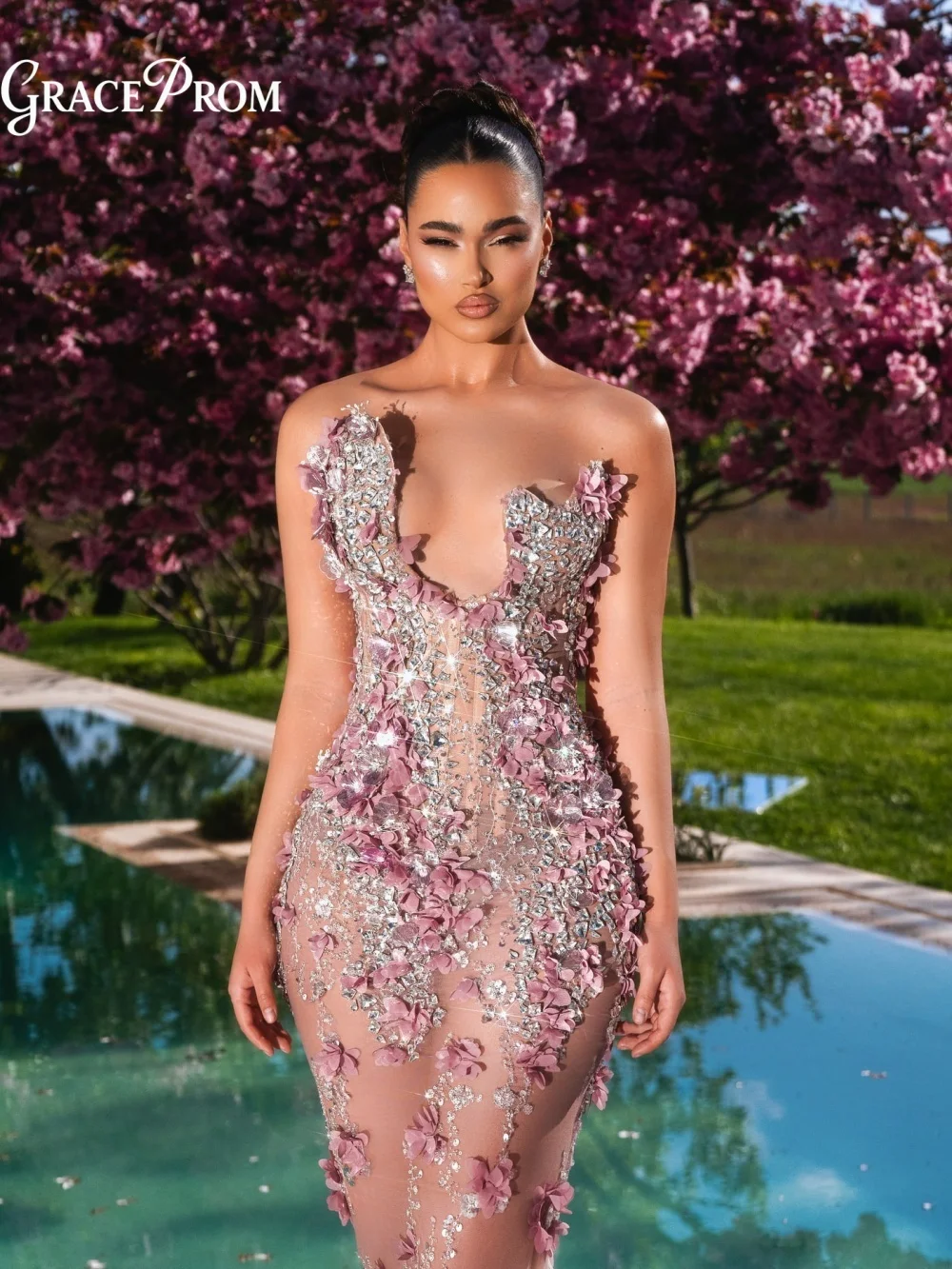 Luxury 3D Floral Pink Evening Gown Sheer Rhinestone Beaded Mermaid Party Dress Strapless Dress For Wedding Guests فساتين سهرة
Luxury 3D Floral Pink Evening Gown Sheer Rhinestone Beaded Mermaid Party Dress Strapless Dress For Wedding Guests فساتين سهرة