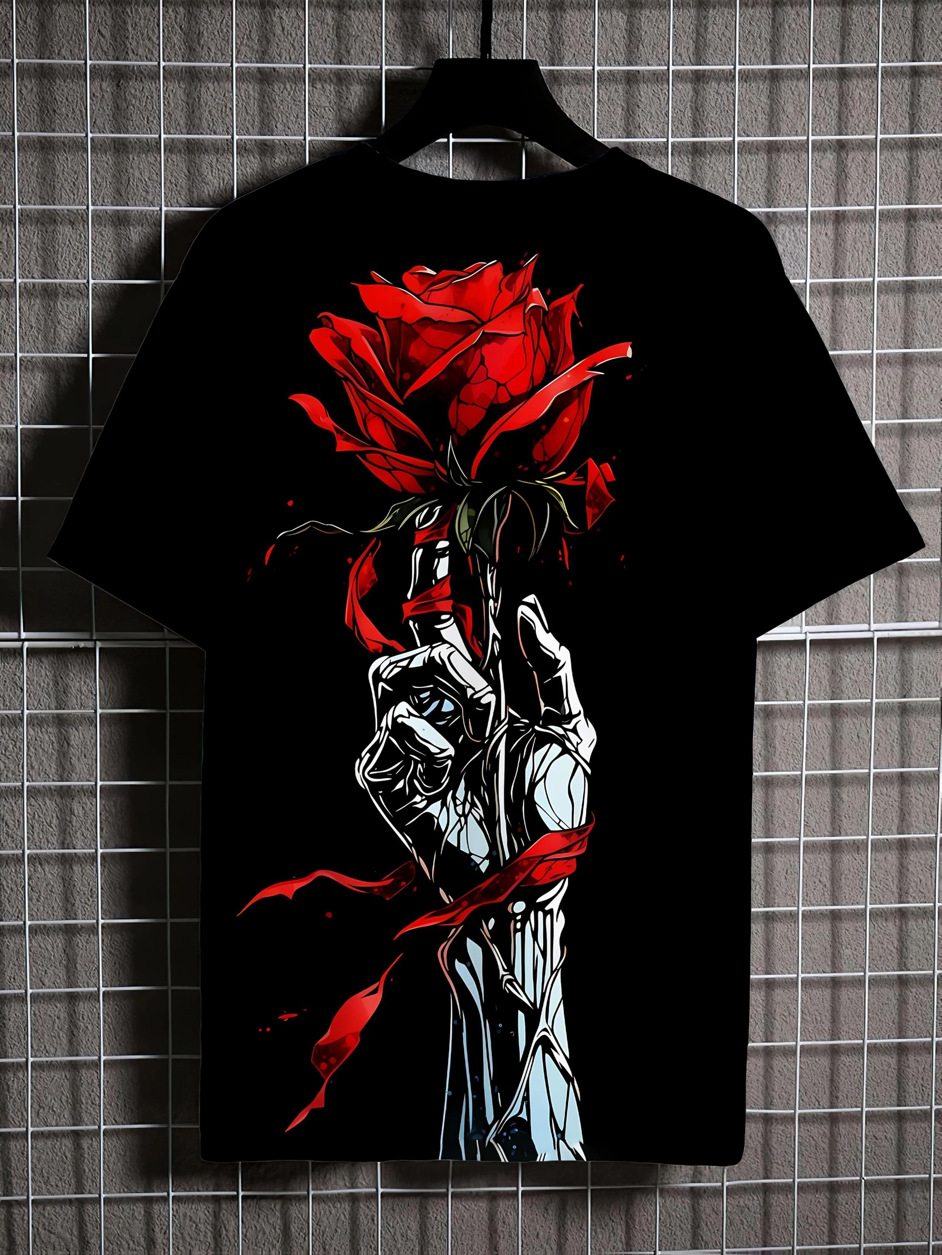 Мужская повседневная футболка с короткими рукавами, ярко-красными розами и рисунком черепа, подходит для повседневной носки на улице летом 
Мужская повседневная футболка с короткими рукавами, ярко-красными розами и рисунком черепа, подходит для повседневной носки на улице летом