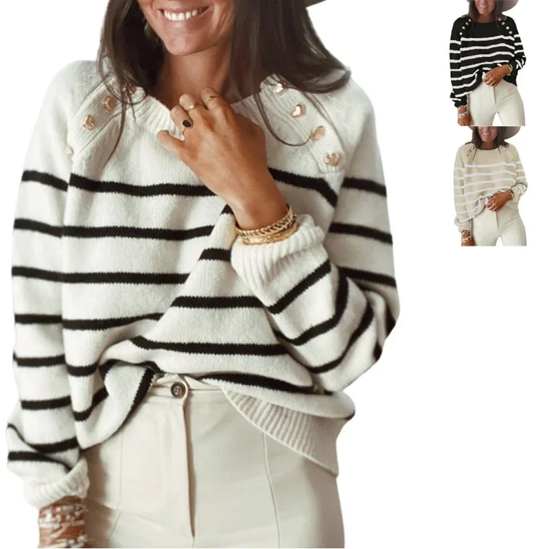 2023 Women's Autumn and Winter New Fashion Stripe Printed Knitwear Casual Elegant Pullover Shoulder Button Sweater Top
2023 Women's Autumn and Winter New Fashion Stripe Printed Knitwear Casual Elegant Pullover Shoulder Button Sweater Top