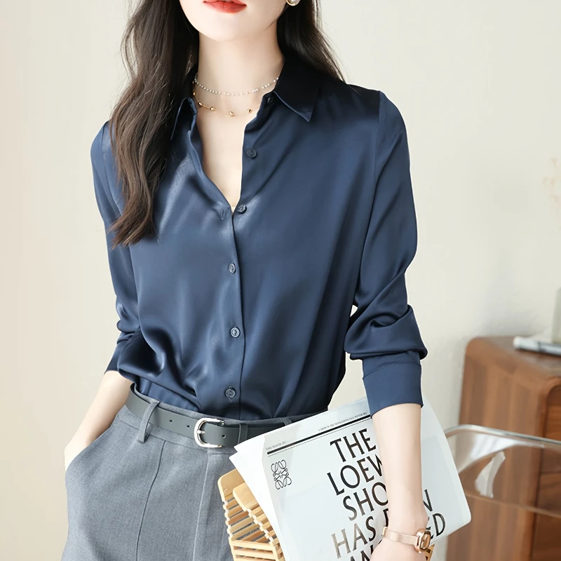 Spring Elegant Ink Blue Long-Sleeve Blouse for Women OL Chic Korean-Inspired Design Slim Professional Look High-End Trendy Shirt
Spring Elegant Ink Blue Long-Sleeve Blouse for Women OL Chic Korean-Inspired Design Slim Professional Look High-End Trendy Shirt