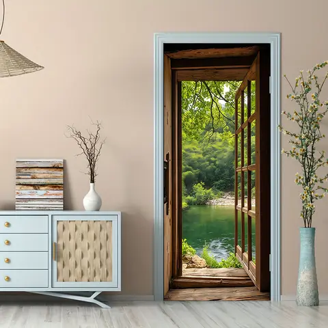 1pcs Self Adhesive Removable Vinyl Door Stickers Wooden Window Frame Landscape Door Stickers Natural Landscape Pattern Home Deco