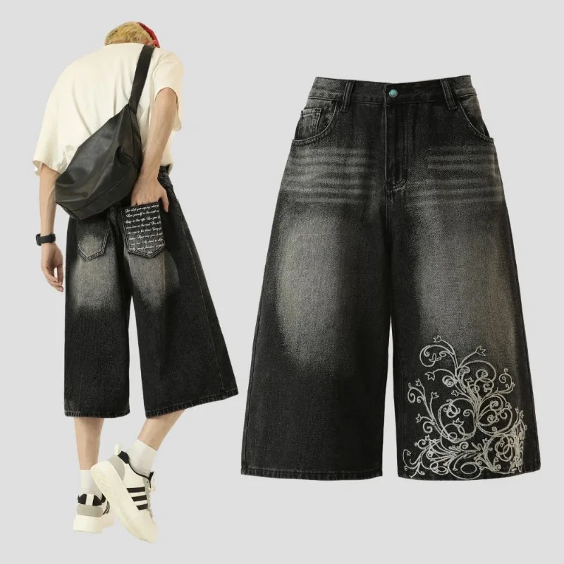Американские ретро черные широкие джинсы с вышивкой для мужчин Y2k, летние повседневные свободные прямые джинсовые короткие брюки длиной до икры 
Американские ретро черные широкие джинсы с вышивкой для мужчин Y2k, летние повседневные свободные прямые джинсовые короткие брюки длиной до икры