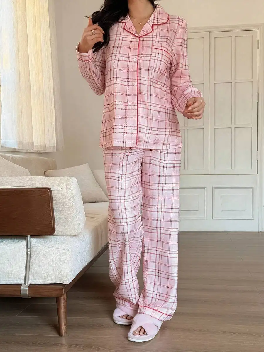 Pink Plaid Pajama Set With Contrast Trim Lapel Sleepwear For Women
Pink Plaid Pajama Set With Contrast Trim Lapel Sleepwear For Women